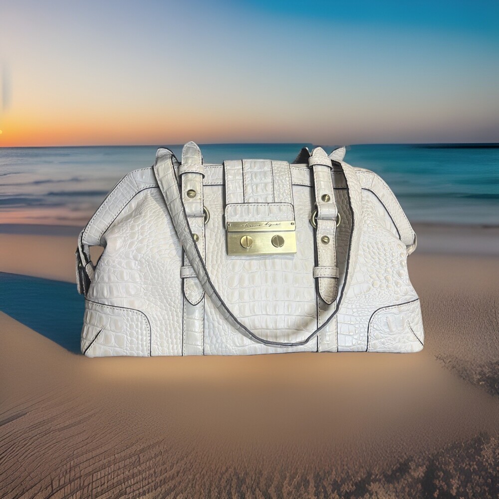 Etienne Aigner Classic Croc Embossed Ivory Leather Satchel Purse Handbag Casual